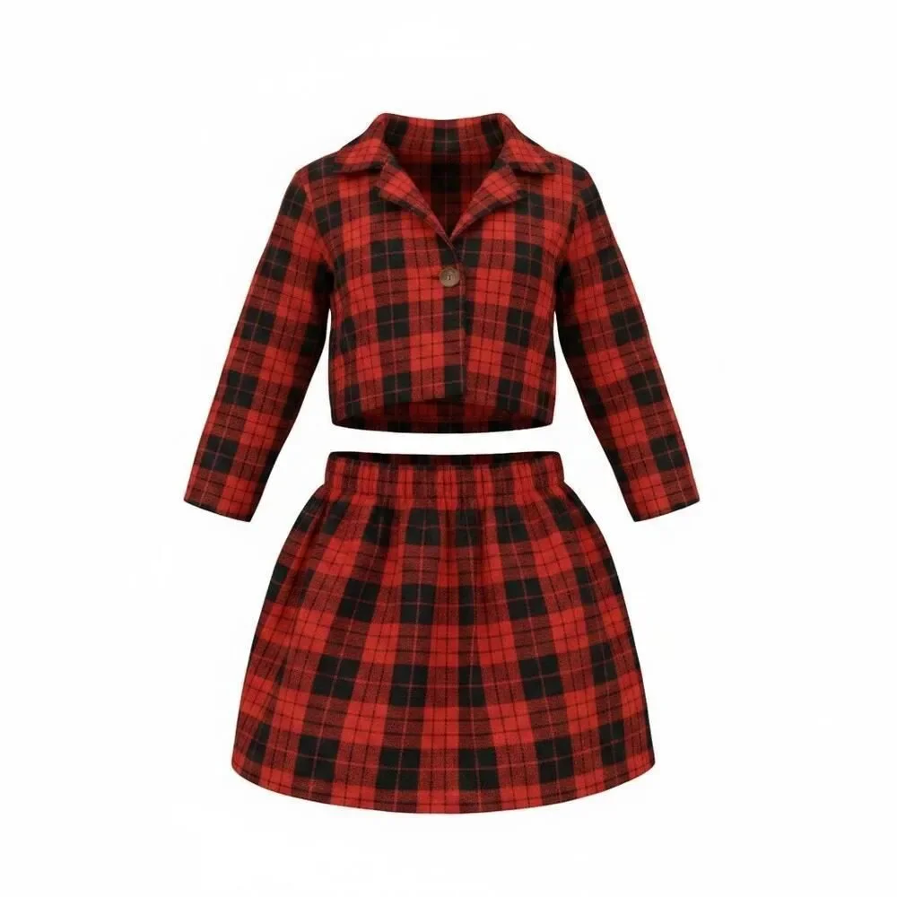 Shein Girls Red Plaid 2 pc. Set: Crop Jacket & Skirt Outfit - Size: 6Y